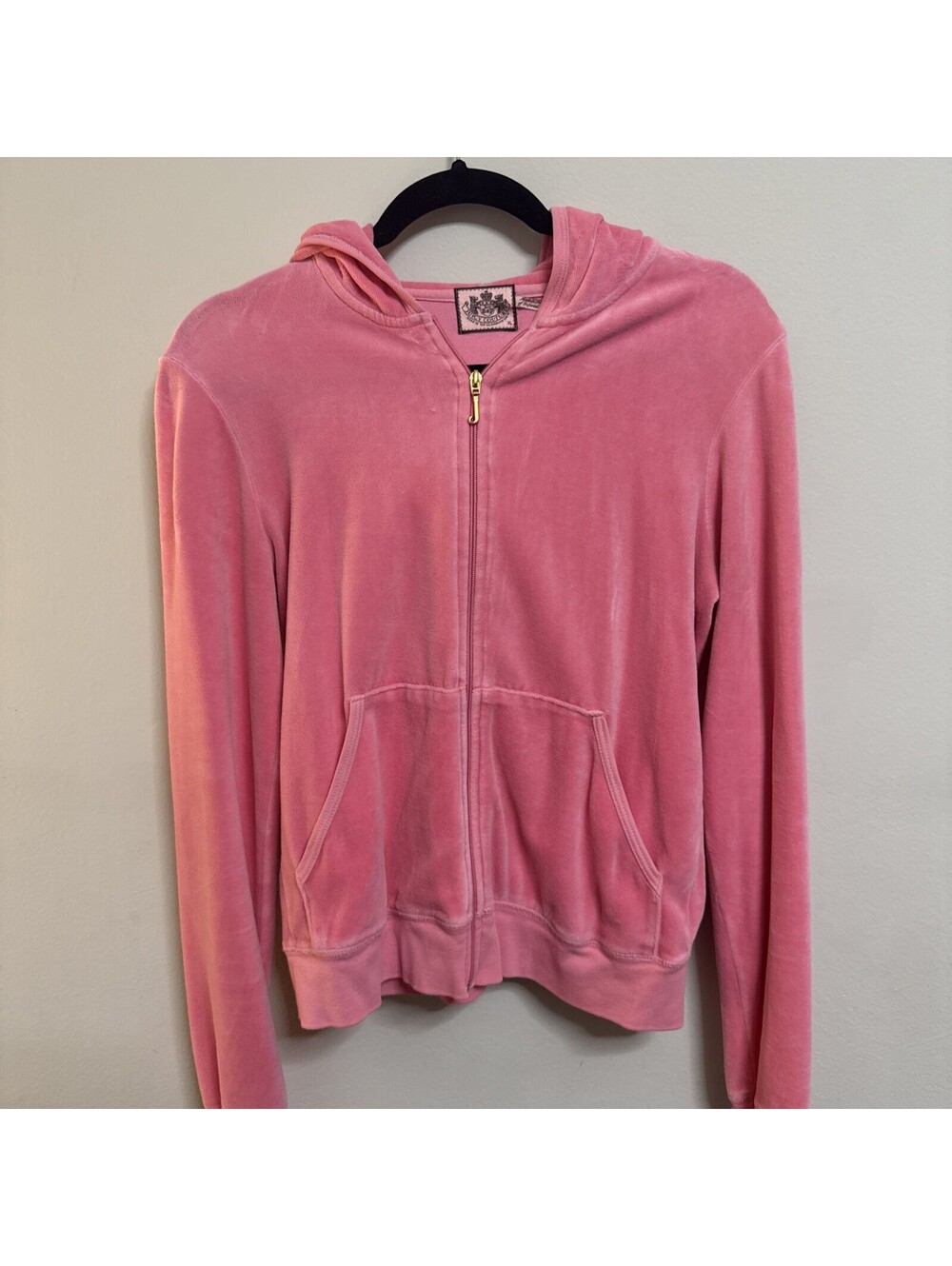 Vintage Y2K Juicy Couture Pink Velour Hoodie XL Gold Crown Made USA